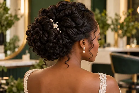 Illustrative bridal hairstyle with a textured updo and pearl accessory.